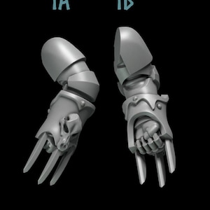 May include: Two gray, articulated mechanical armatures with sharp, claw-like fingers. One features a skull design on the gauntlet. The text "1A" and "1B" are in light blue above the armatures against a black background.