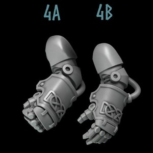 May include: Two gray plastic miniature robot arms with a Celtic knot design on the forearm. The arms are posed in different positions, one with a closed fist and the other with an open hand. The text "4A" and "4B" is printed above the arms.