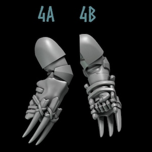 May include: Two gray plastic 3D printed robot hands with claws. The hands are labeled 4A and 4B.