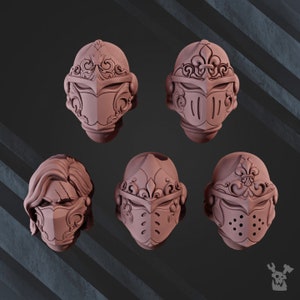 May include: Five miniature helmets with intricate details, including floral patterns and fleur-de-lis designs. The helmets are made of a light brown material and have a matte finish.