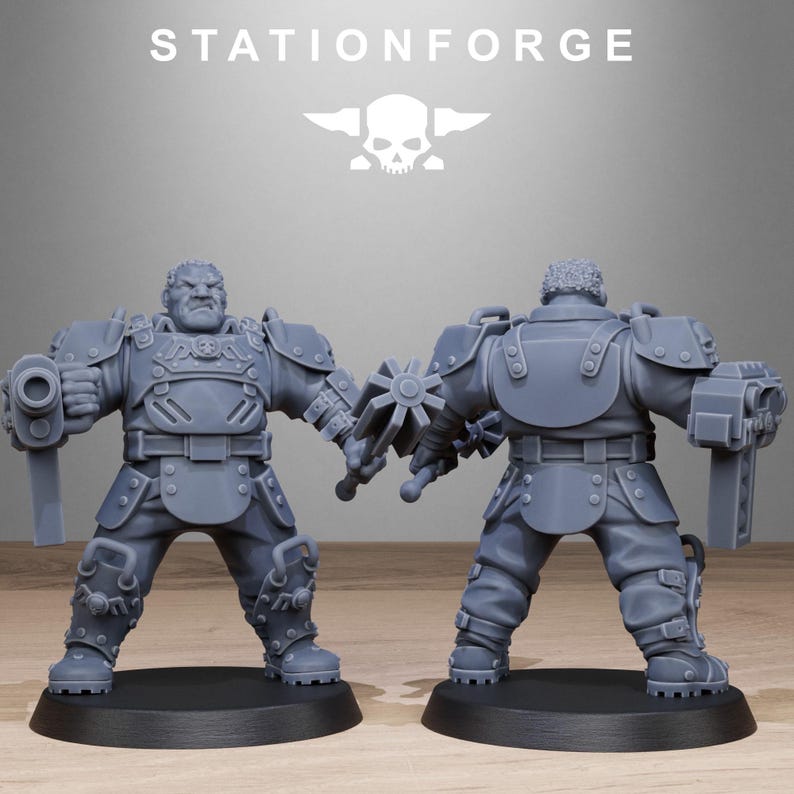 May include: Two gray plastic miniature figures of a person wearing futuristic armor and holding a weapon. The figures are standing on round bases.