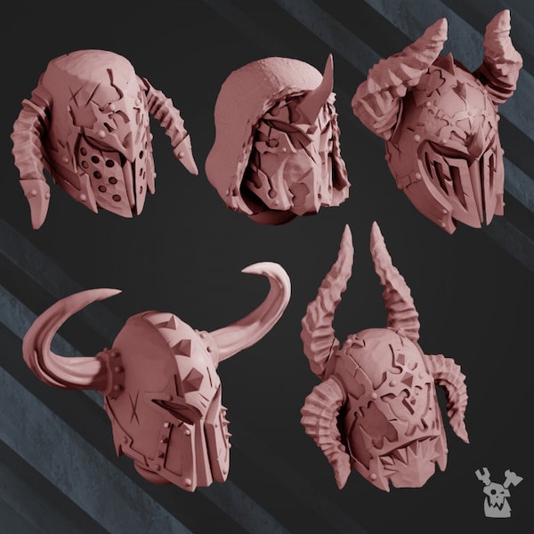 5 Predator Knights Helmets CW (Set of 5) by DakDak Miniatures - | Custom | Kitbash | Upgrade | Chaos | Heads |  | Plague |