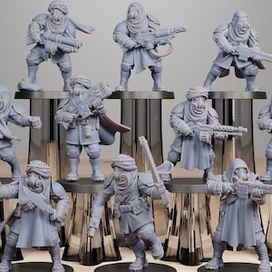 May include: A set of ten grey plastic miniature figures wearing gas masks and holding weapons. The figures are posed in various action stances and are standing on black bases.