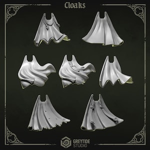 May include: A collection of seven gray cloaks, each with a unique design and texture. Some cloaks feature decorative elements like rope or straps. The word "Cloaks" is at the top of the image. The Greytide Studio logo is at the bottom.