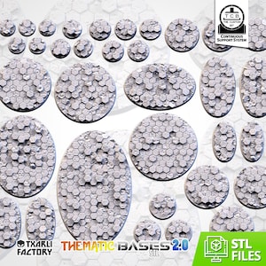May include: A collection of various circular and oval-shaped miniature bases featuring a raised hexagonal grid texture. The set includes multiple sizes, and the image displays the text TCB The Custom Bit Continuous Support System, Txarli Factory, Thematic Bases 2.0 STL, and STL Files.