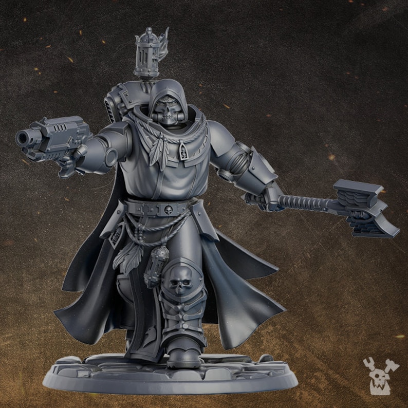 May include: A gray plastic miniature of a space marine warrior wearing a hooded cloak and holding a pistol and a power axe. The miniature is posed in a dynamic action pose.