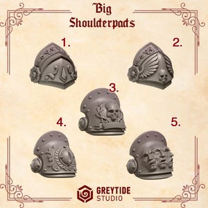 May include: Five different 3D printed plastic shoulder pads for miniature figures. The shoulder pads feature various designs, including a skull with a banner, a winged skull, a three-faced skull, and a stylized floral design.