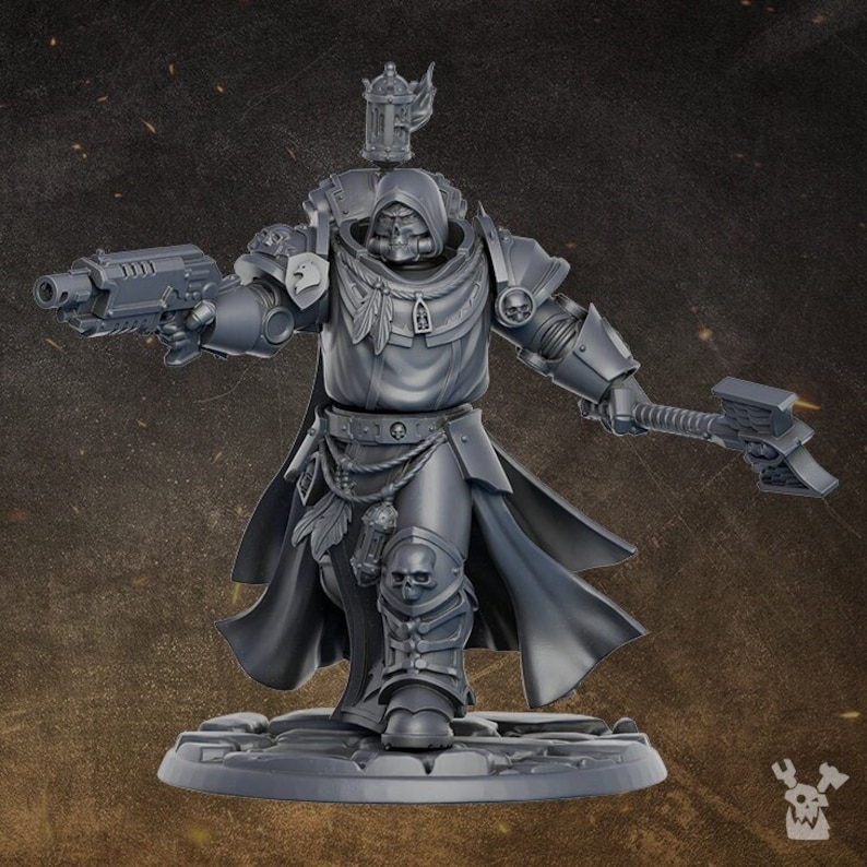 May include: A gray plastic miniature of a space marine wearing a hooded robe and holding a gun and a hammer. The miniature is standing on a round base.