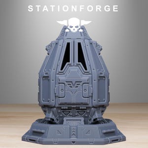 May include: A gray 3D printed model of a futuristic space station with a skull and crossbones on top. The station is on a base with a hexagonal shape.