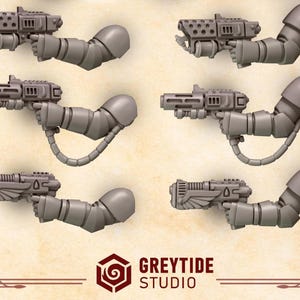 May include: Six different 3D printed plastic arms holding various sci-fi weapons. The arms are grey and the weapons are grey with black details. The weapons have a futuristic design and are detailed with various textures and shapes.  The arms are posed in different positions, holding the weapons in a variety of ways.  The image is set against a plain background.