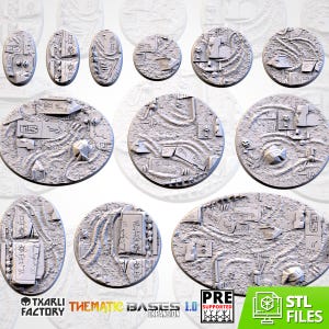 May include: A collection of eleven grey miniature bases in various circular and oval shapes, featuring textured surfaces with sculpted ruins, hieroglyphic-style carvings, skulls, and debris. The image includes text labels Txarli Factory, Thematic Bases Expansion 1.0, Pre Supported, and STL Files.