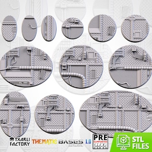 Puede incluir: Una colección de bases para miniaturas de color gris claro en varias formas circulares y ovaladas, con texturas industriales como placas estriadas, rejillas metálicas y tuberías. El texto Txarli Factory Thematic Bases 1.0 y STL Files es visible.