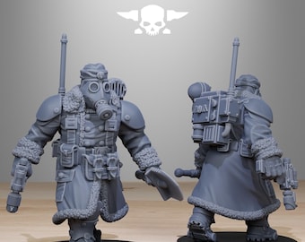 Könnte beinhalten: Eine graue Plastik-Miniaturfigur eines Soldaten, der einen Wintermantel und eine Gasmaske trägt und eine Waffe hält. Die Figur steht auf einem schwarzen Sockel. Die Figur ist Teil eines Sets von Miniaturen für ein Tabletop-Kriegsspiel.