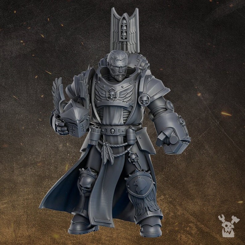 May include: A grey plastic miniature of a space marine wearing power armor and a long robe. The marine is holding a helmet in one hand and has a sword on his hip. The marine has a beard and a stern expression.