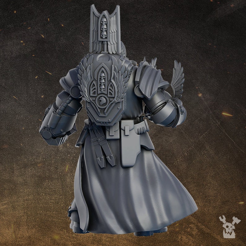 May include: A gray plastic miniature figure of a space marine wearing power armor with a winged helmet and a backpack with a skull and wings design. The figure is holding a weapon in its right hand.