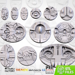 May include: A collection of eleven light gray circular and oval miniature bases featuring intricate geometric and relief patterns. The image includes the text Txarli Factory Thematic Bases 1.0 Pre Supported STL Files at the bottom.
