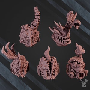 5 Pandemonium Helmets (Set of 5) by DakkaDakka Miniatures - | Kitbash | Upgrade | Chaos | Helmets | Heads | Space | Plague | Marines