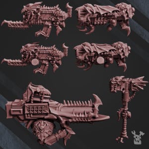 May include: Five 3D printed plastic models of sci-fi weapons. The weapons are detailed with intricate designs and have a reddish-brown color.