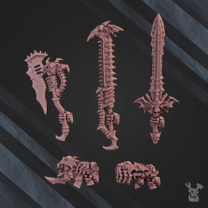 May include: Five 3D printed plastic miniatures of weapons for a tabletop game. The weapons are detailed with sharp edges and spikes. The weapons are painted in a light pink color.