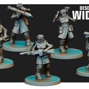 May include: A set of grey miniature figurines depicting female soldiers with various weapons. The figurines include a rocket launcher, chainsaw, and machine gun. The text "Desert Hawk's Widows" is displayed in white.