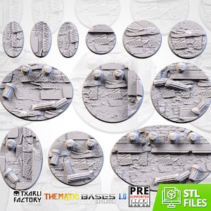 May include: A collection of eleven grey miniature bases in various circular and oval shapes, featuring detailed textures of broken stone, architectural ruins, and debris. The text Txarli Factory Thematic Bases 1.0 and STL Files is visible.