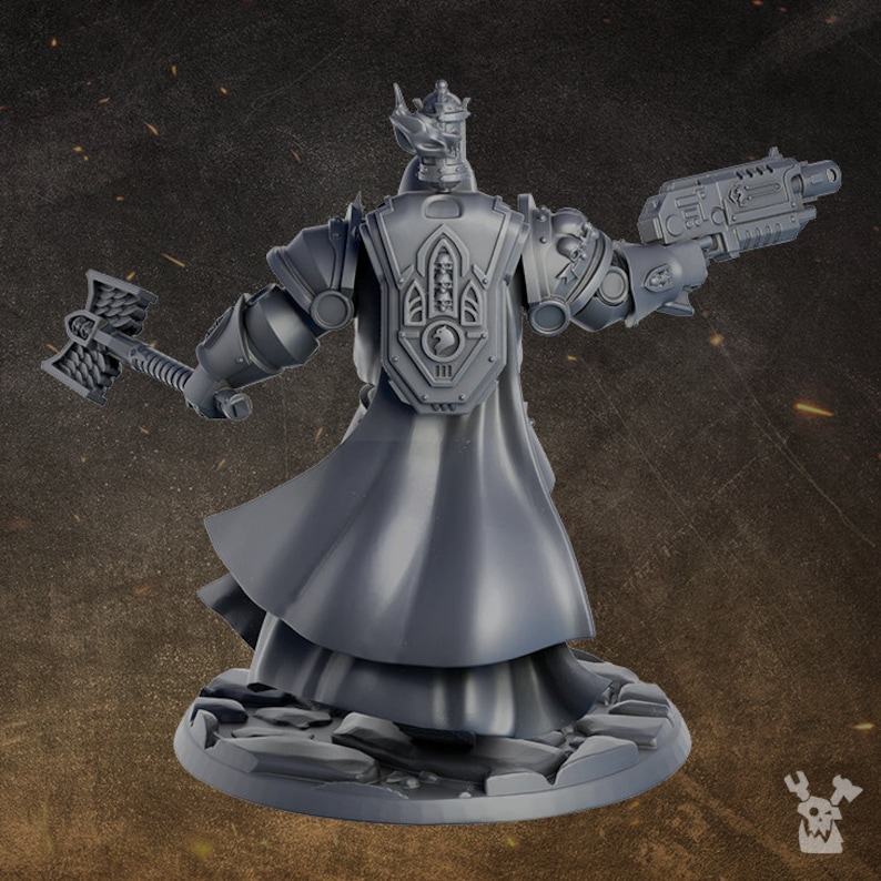 May include: A gray plastic miniature figure of a warrior wearing armor and a cape, holding a weapon in one hand and a sword in the other. The figure is standing on a round base.