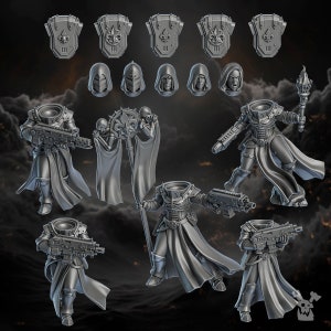 May include: A set of 3D printed miniatures for tabletop games, featuring a group of female figures in hooded robes and armour, holding weapons and a banner. The miniatures are in a grey colour and are ready to be painted.