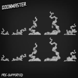 May include: A grayscale image featuring multiple stylized smoke or cloud formations. The text "GOONMASTER" is at the top, and "PRE-SUPPORTED" is at the bottom. The smoke shapes vary in size and complexity, with some including rock-like elements.