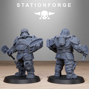 May include: A gray plastic miniature figure of a steampunk soldier wearing a helmet, gas mask, and armor. The figure is holding a large axe and a shield. The figure is standing on a round base.