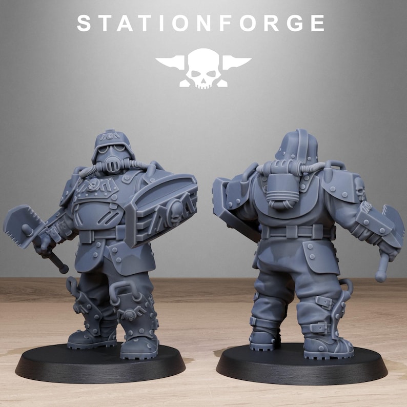 May include: A gray plastic miniature figure of a steampunk soldier wearing a helmet, gas mask, and armor. The figure is holding a large axe and a shield. The figure is standing on a round base.