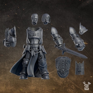 May include: A gray plastic miniature of a space marine with a sword, helmet, and other armor pieces. The miniature is in multiple pieces, including a head, torso, arms, and legs. The miniature is ready to be assembled and painted.