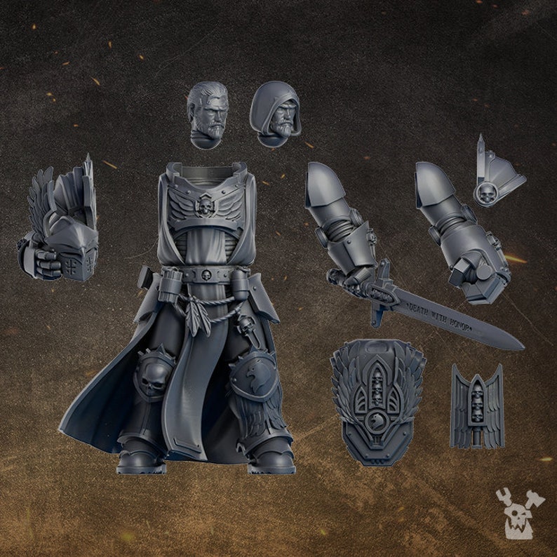May include: A gray plastic miniature of a space marine with a sword, helmet, and other armor pieces. The miniature is in multiple pieces, including a head, torso, arms, and legs. The miniature is ready to be assembled and painted.