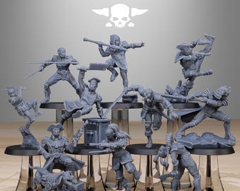 Bufones de GrimCorp (juego de 10) + peanas. Impresiones UHD de 16K/12K de StationForge, Guerra de trincheras, Infantería rebelde y Templario de la Guardia del Vacío.