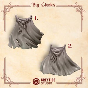 May include: Two gray plastic cloaks with different designs. The first cloak has a chain and two pendants. The second cloak has a rope and three pendants. The text "Big Cloaks" is at the top of the image. The text "1." is next to the first cloak. The text "2." is next to the second cloak.