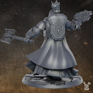 May include: A gray plastic miniature of a space marine wearing a helmet and armor with a large axe and a gun. The figure is standing on a circular base.