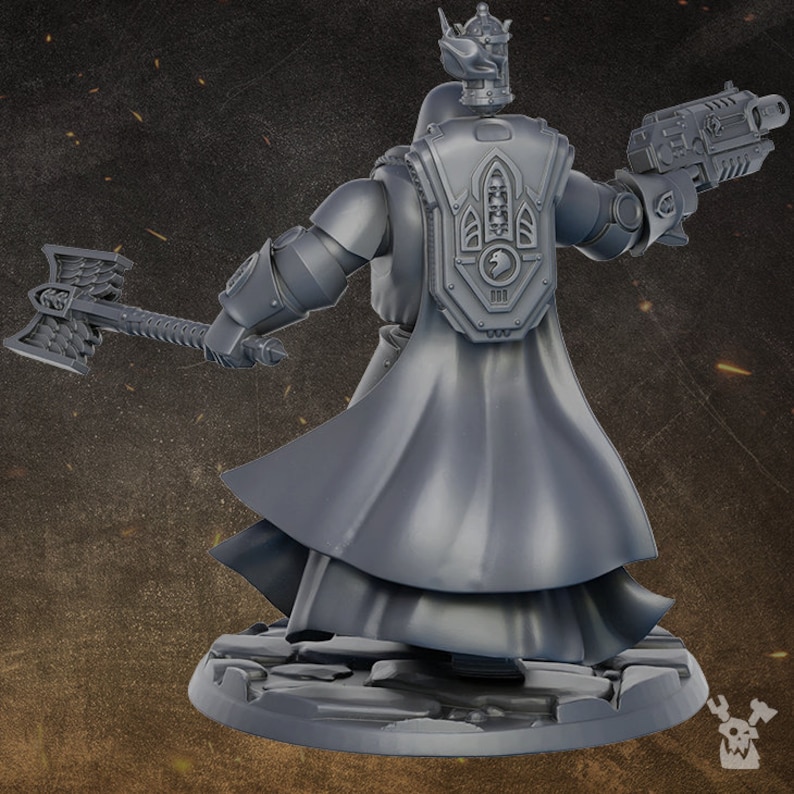 May include: A gray plastic miniature of a space marine wearing a helmet and armor with a large axe and a gun. The figure is standing on a circular base.