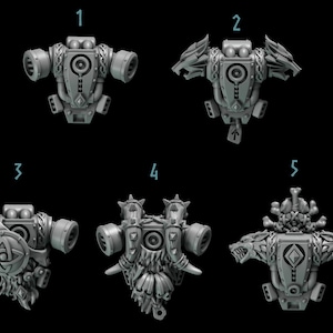 May include: Five different 3D printed backpack designs for miniature figures. The designs include a backpack with pipes, a backpack with wolf heads, a backpack with a shield and a beard, a backpack with horns and a beard, and a backpack with wolf heads and bones.
