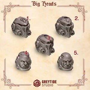 Puede incluir: Cinco cabezas diferentes impresas en 3D en plástico con diseños detallados. Las cabezas están numeradas del 1 al 5. El texto "Big Heads" está en la parte superior de la imagen. El texto "Greytide Studio" está en la parte inferior de la imagen.
