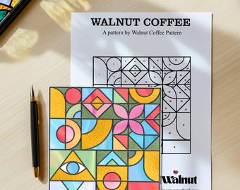 May include: A color-by-number pattern featuring a geometric design with a flower, eye, and curved shapes. The pattern is in shades of pink, blue, yellow, green, and orange. The text "WALNUT COFFEE" and "A pattern by Walnut Coffee Pattern" is at the top of the page. The text "Walnut" and "in any way thank you." is at the bottom of the page.
