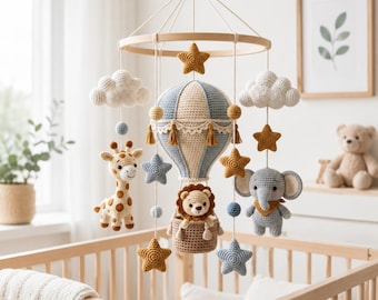 Crochet Safari Baby Mobile, Hot Air Balloon Crib Mobile, Lion Elephant Giraffe Nursery Decor, Baby Shower Gift