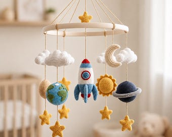 Crochet Space Baby Mobile, Rocket Crib Mobile, Solar System Nursery Decor, Handmade Space Nursery Mobile, Baby Shower Gift Neutral Baby Room