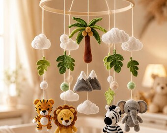 Crochet Safari Baby Mobile, Jungle Animal Crib Mobile with Lion Zebra Elephant Tiger, Handmade Nursery Decor, Baby Shower Gift