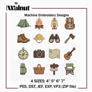 Könnte beinhalten: Maschinenstickmuster mit Camping- und Outdoor-Motiven. Designs umfassen ein Zelt, Lagerfeuer, Laterne, Rucksack, Stiefel, Hut, Fernglas, Axt, Kompass, Kamera, Karte, Gitarre, Thermoskanne, Korb, Wegweiser und Klappstuhl. Größen: 10, 12.7, 15.2, 17.8 cm.