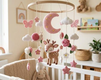 Crochet Deer Baby Mobile, Floral Crib Mobile, Pink Woodland Nursery Decor, Moon Baby Mobile, Baby Shower Gift