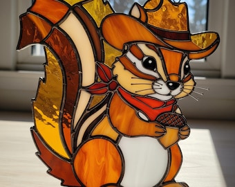 Cowboy Squirrel Stained Glass Suncatcher, Cute Western Animal Window Hanging, Cartoon Woodland Glass Art, Handmade Rustic Gift