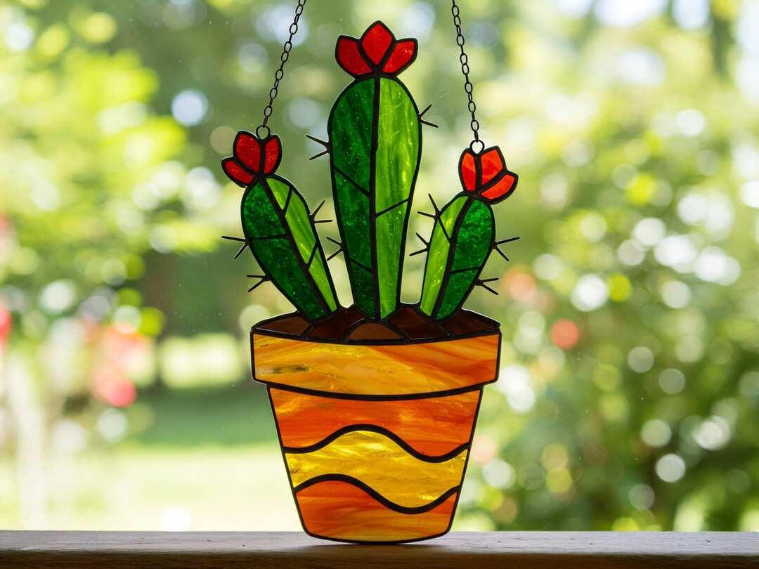 Cactus Succulento Vetro Colorato Acchiappasole Finestra Appeso Natura Pianta del Deserto Regalo per gli Amanti del Giardino - Italia