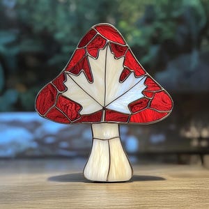 Roter Pilz Buntglas-Muster, Kanadisches Ahornblatt-Muster, Verzauberter Pilz, DIY Glasmalerei-Dekor, Festliches Muster, PDF