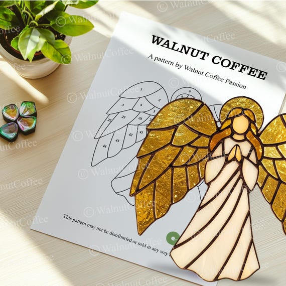 祈る天使のサンキャッチャーステンドグラスパターン：黄色の翼（PDF