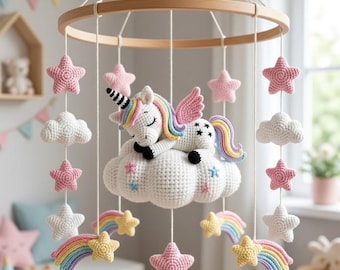 Crochet Unicorn Baby Mobile, Rainbow Unicorn Nursery Decor, Unicorn Crib Mobile, Pink Nursery Mobile, Fantasy Baby Room Decor, Newborn Gift