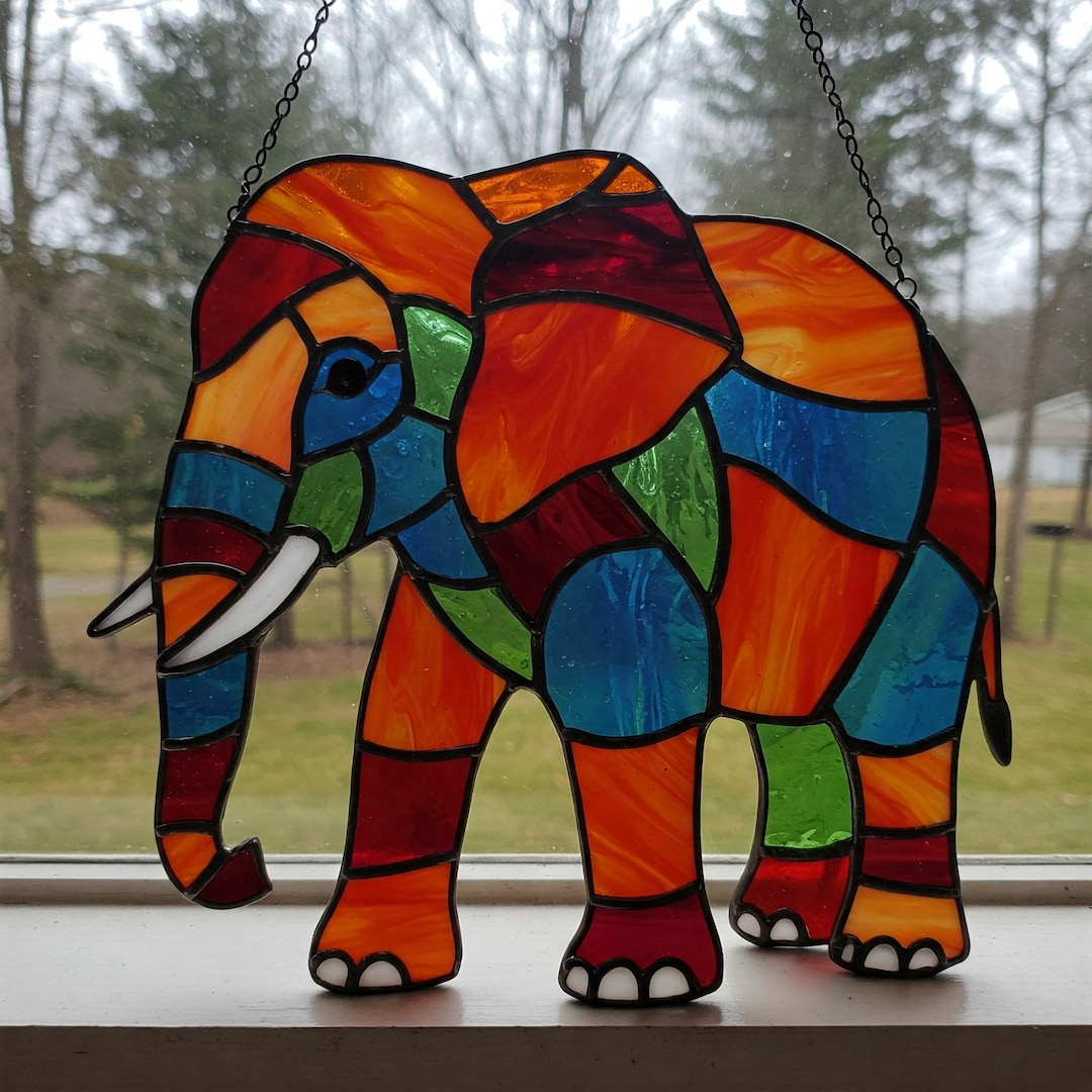 Rainbow Elephant Stained Glass Pattern: Jungle Animal Suncatcher